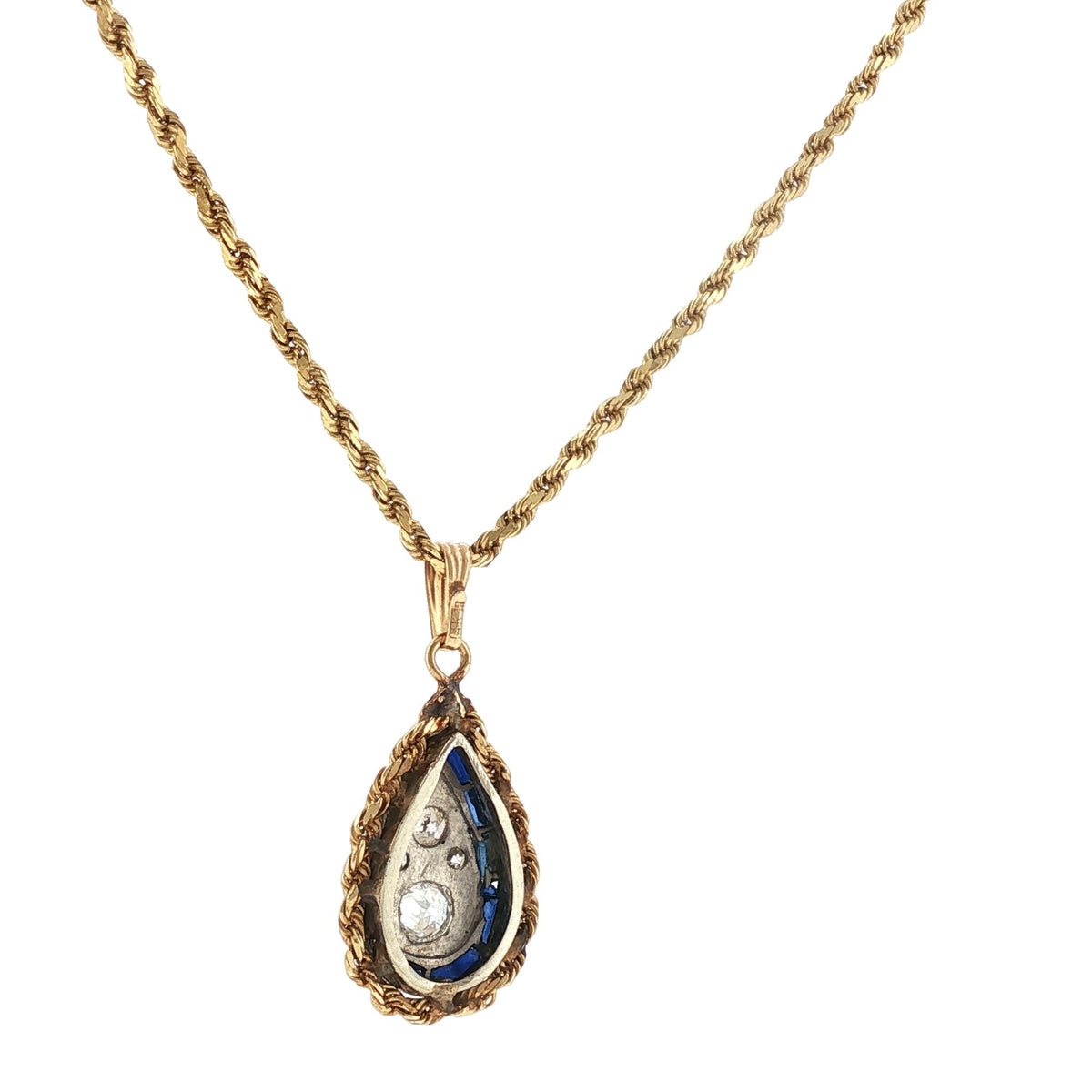 Diamond Sapphire Pear-Shape Drop Vintage Pendant 14KYG/Plat Rope Chain