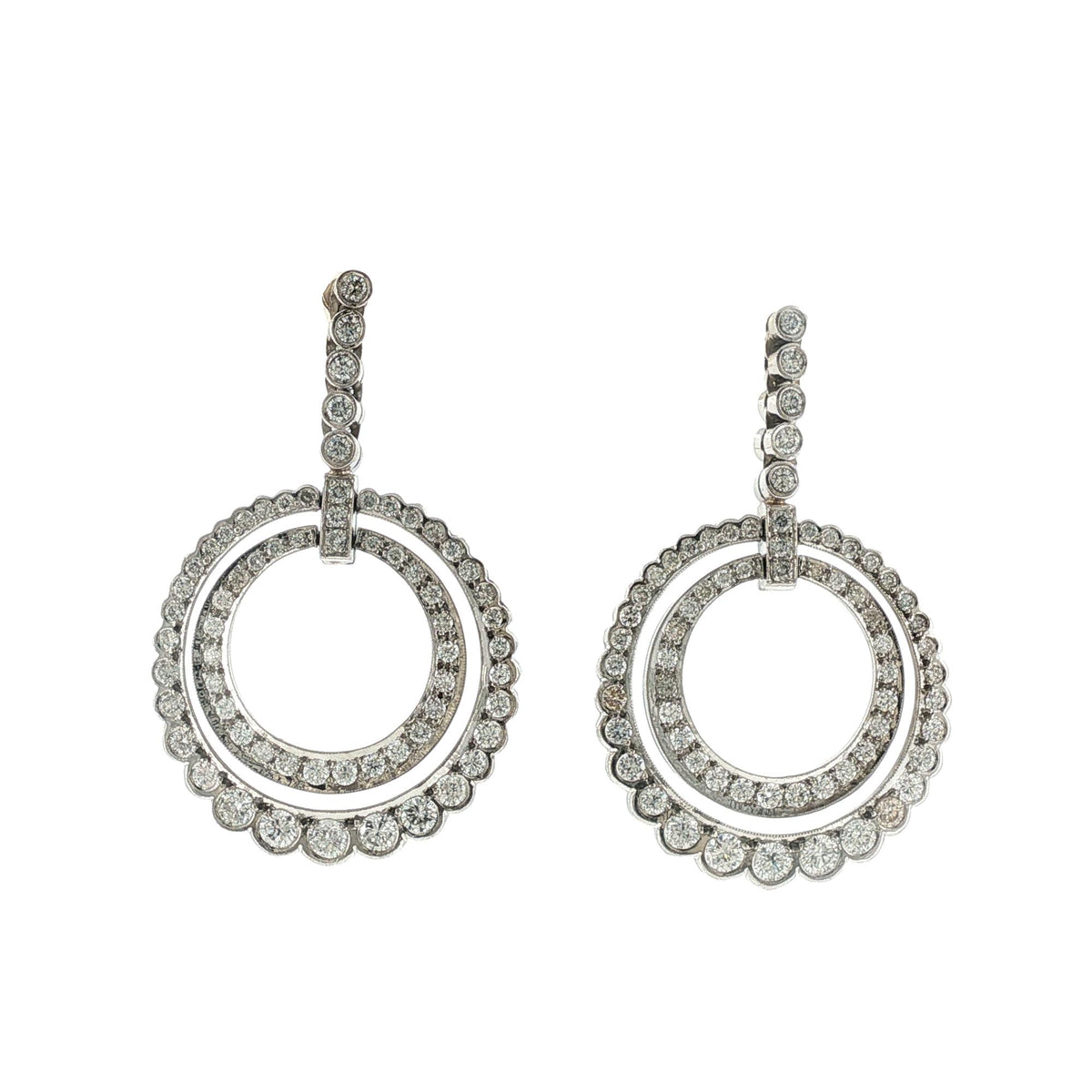 Diamond Platinum Double Cirlce Drop Dangle Modern Earrings
