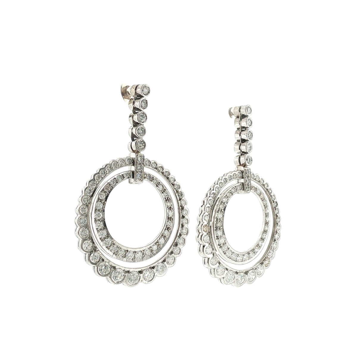 Diamond Platinum Double Cirlce Drop Dangle Modern Earrings