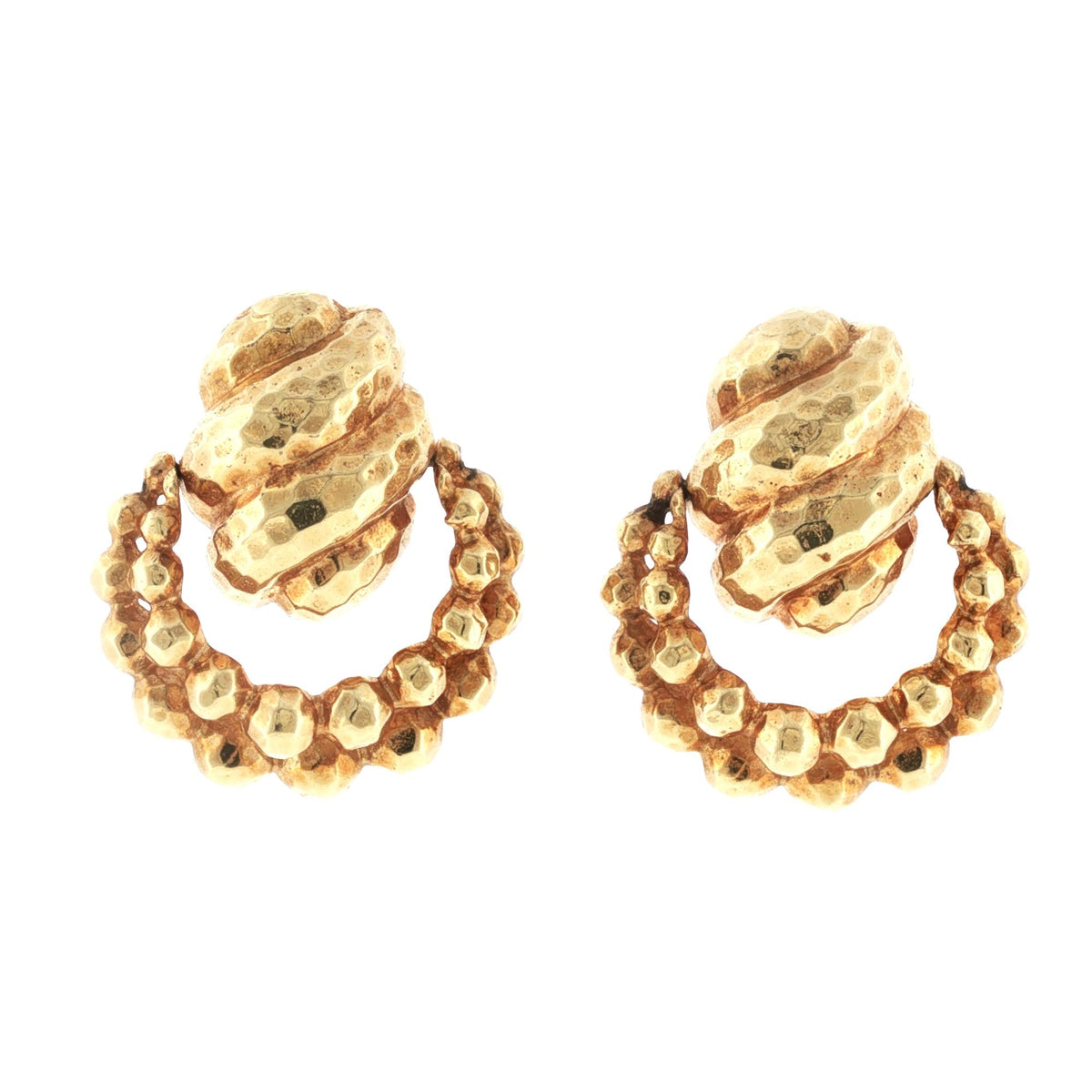 18 Karat Yellow Hammered Finish Gold Doorknocker Vintage Drop Earclip Earrings