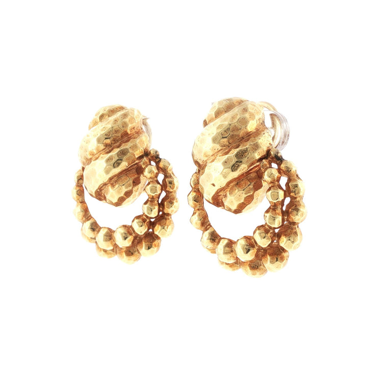 18 Karat Yellow Hammered Finish Gold Doorknocker Vintage Drop Earclip Earrings