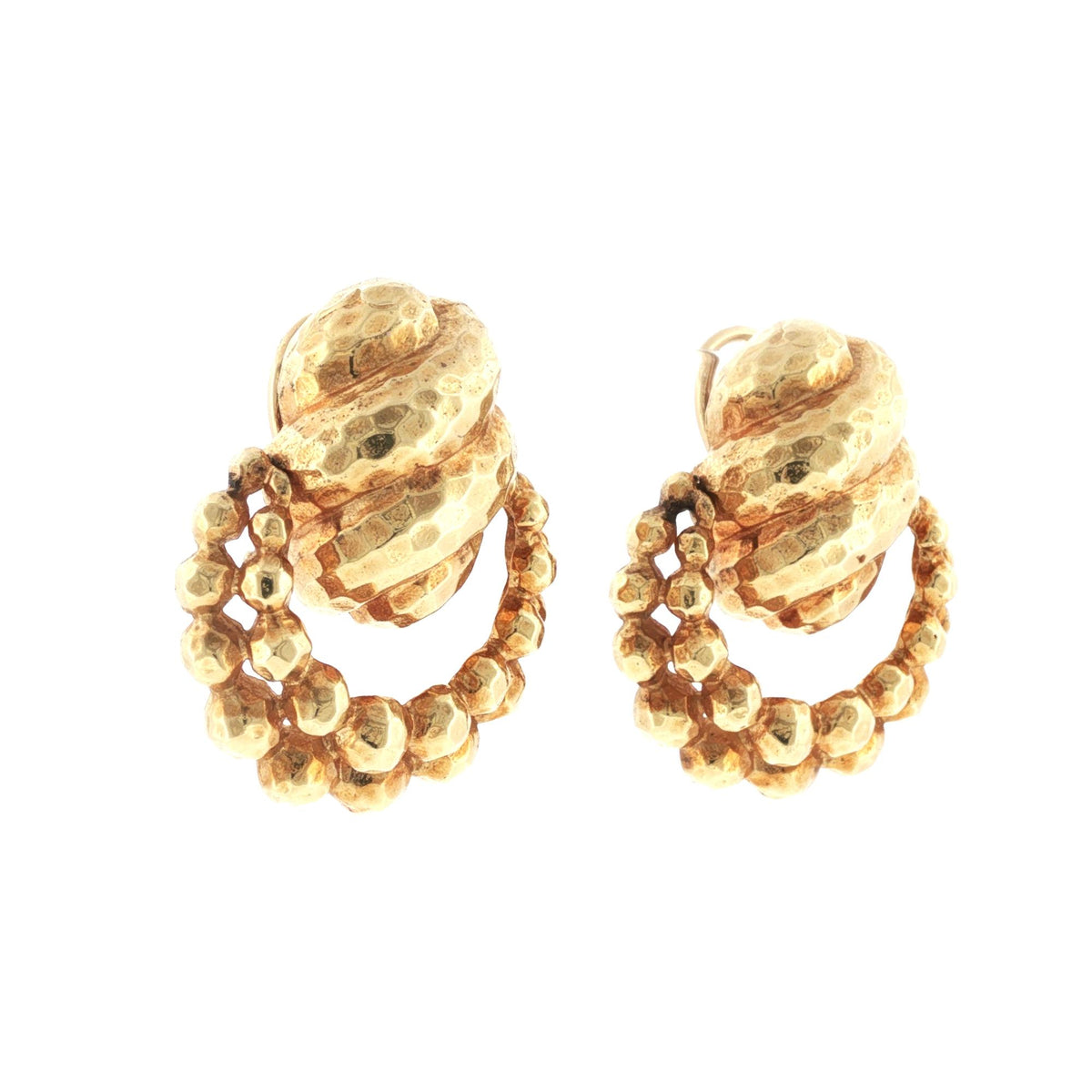 18 Karat Yellow Hammered Finish Gold Doorknocker Vintage Drop Earclip Earrings