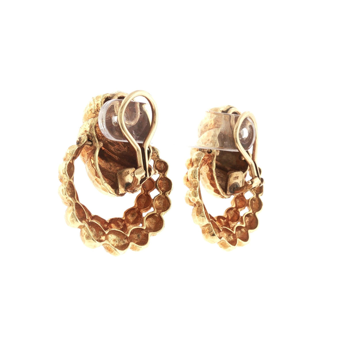 18 Karat Yellow Hammered Finish Gold Doorknocker Vintage Drop Earclip Earrings