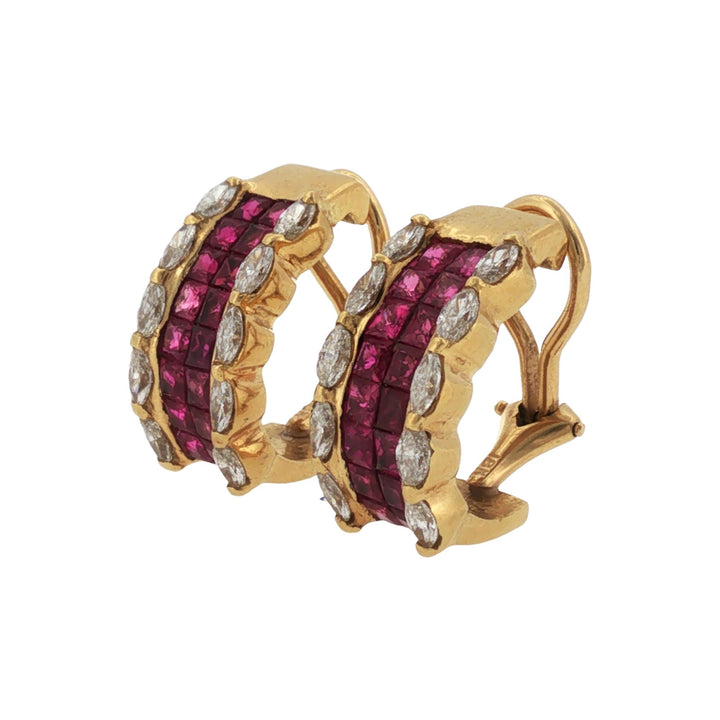 Ruby Diamond 18 Karat Yellow Gold Earclip Vintage Earrings