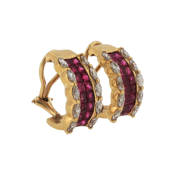 Ruby Diamond 18 Karat Yellow Gold Earclip Vintage Earrings