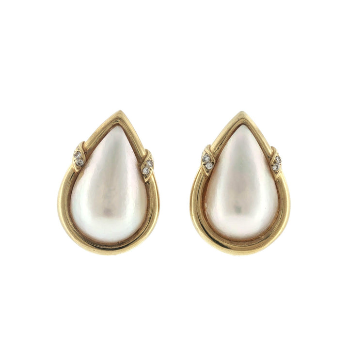 Mabé Pearl Diamond 18 Karat Yellow Gold Teardrop Shape Earclip Vintage Earrings