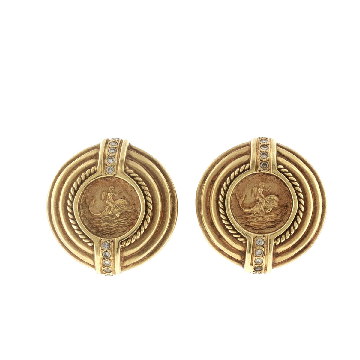 Greek Gold Coin Diamond Vintage Textured Round Earclip Earrings