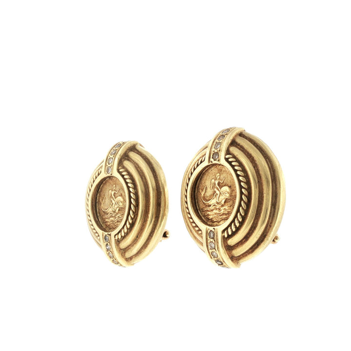 Greek Gold Coin Diamond Vintage Textured Round Earclip Earrings