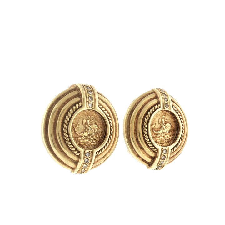 Greek Gold Coin Diamond Vintage Textured Round Earclip Earrings