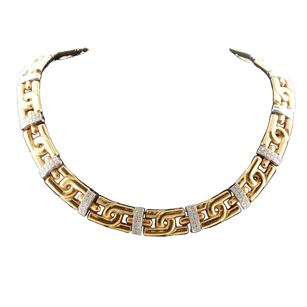 Diamond Station 18 Karat Two Tone Gold Link Vintage Necklace 18 Inches