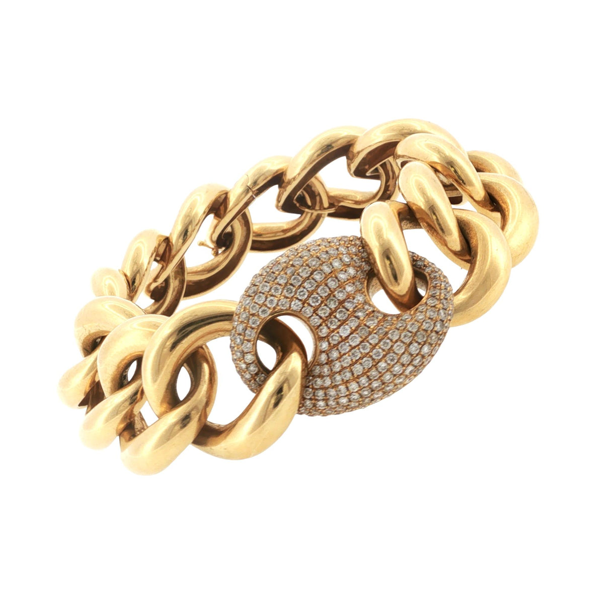 Pavé Diamond 18 Karat Yellow Gold Heavy Link Bracelet Hidden Clasp