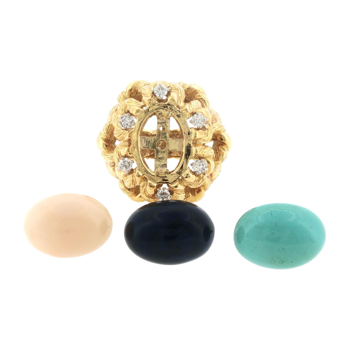 1970s 18 Karat Yellow Gold Diamond Interchangeable Turquoise, Lapis & Coral Ring