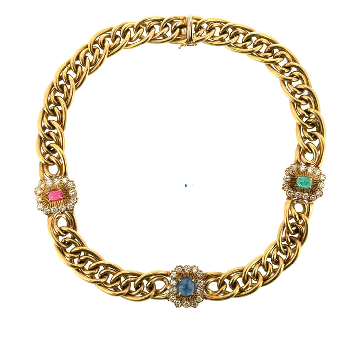 Diamond Cabochon Emerald Ruby Sapphire 18K Yellow Gold Vintage Chocker Necklace