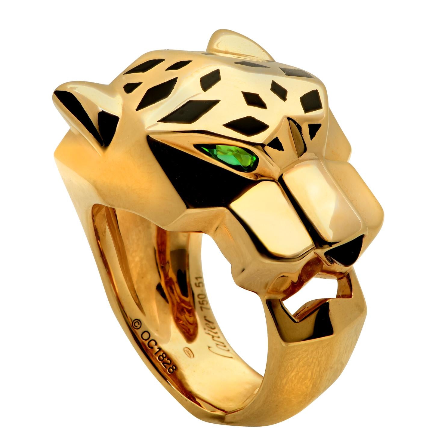 Panthère de Cartier Black Lacquer Tsavorite Garnet 18 Karat Yellow Gold Ring 51