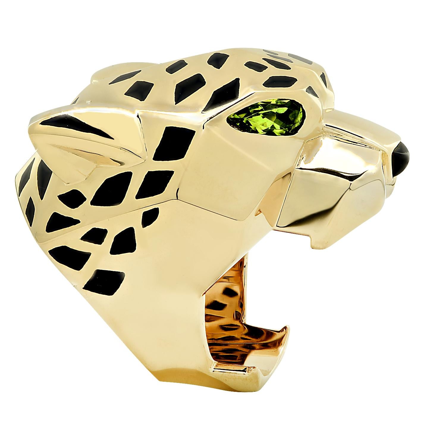 Panthère de Cartier 18 Karat Yellow Gold Black Lacquer Peridot Ring Size 53 B&P