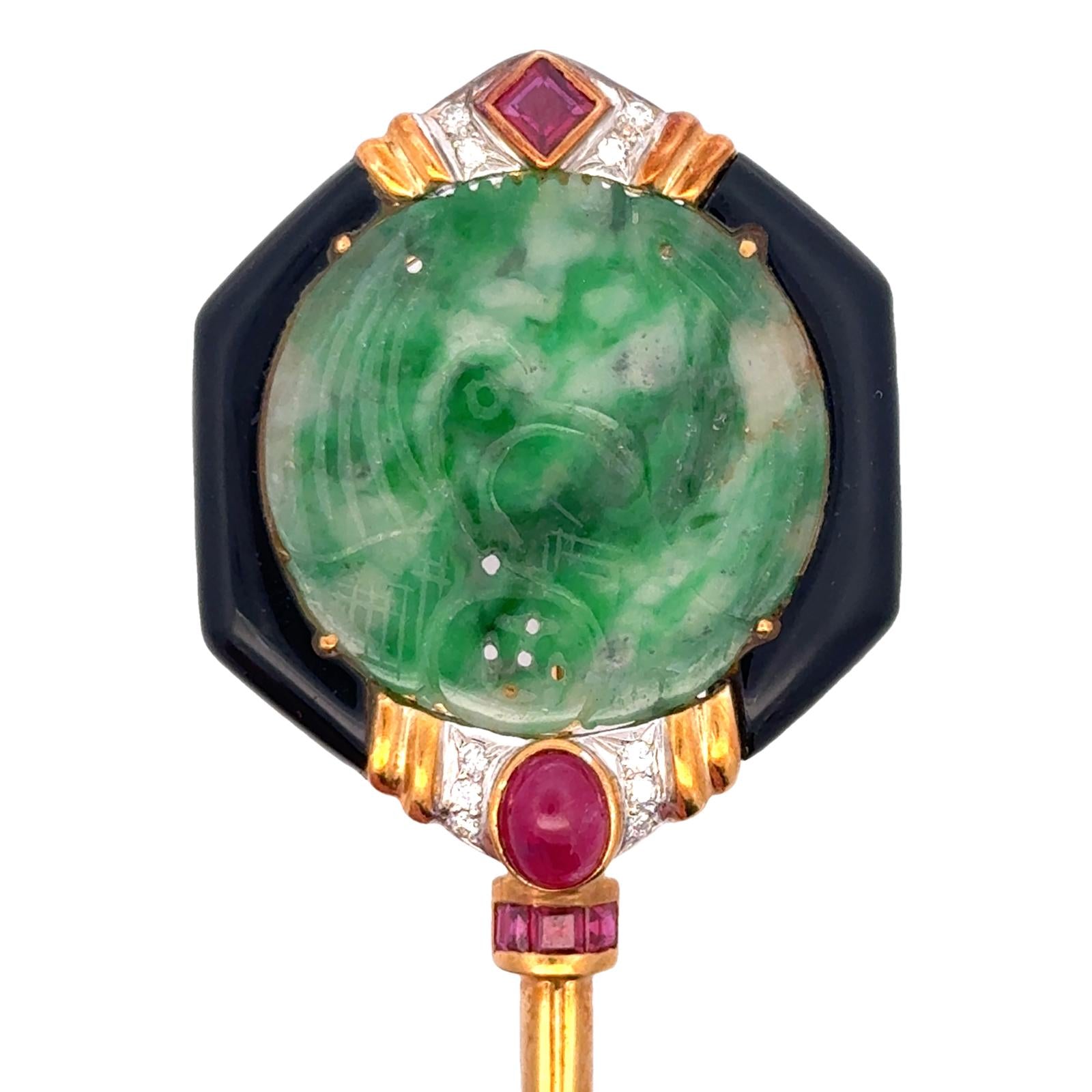 Mid-20th Century Jade Diamond Ruby & Onyx 18K Yellow Gold Stick Pin Brooch