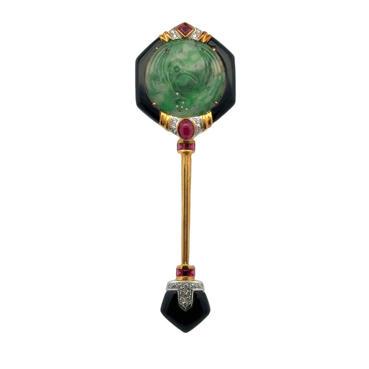 Mid-20th Century Jade Diamond Ruby & Onyx 18K Yellow Gold Stick Pin Brooch