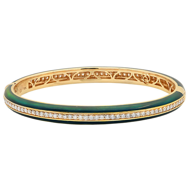 Diamond & Green Ceramic Stackable Hinged 18K Yellow Gold Bangle Bracelet New