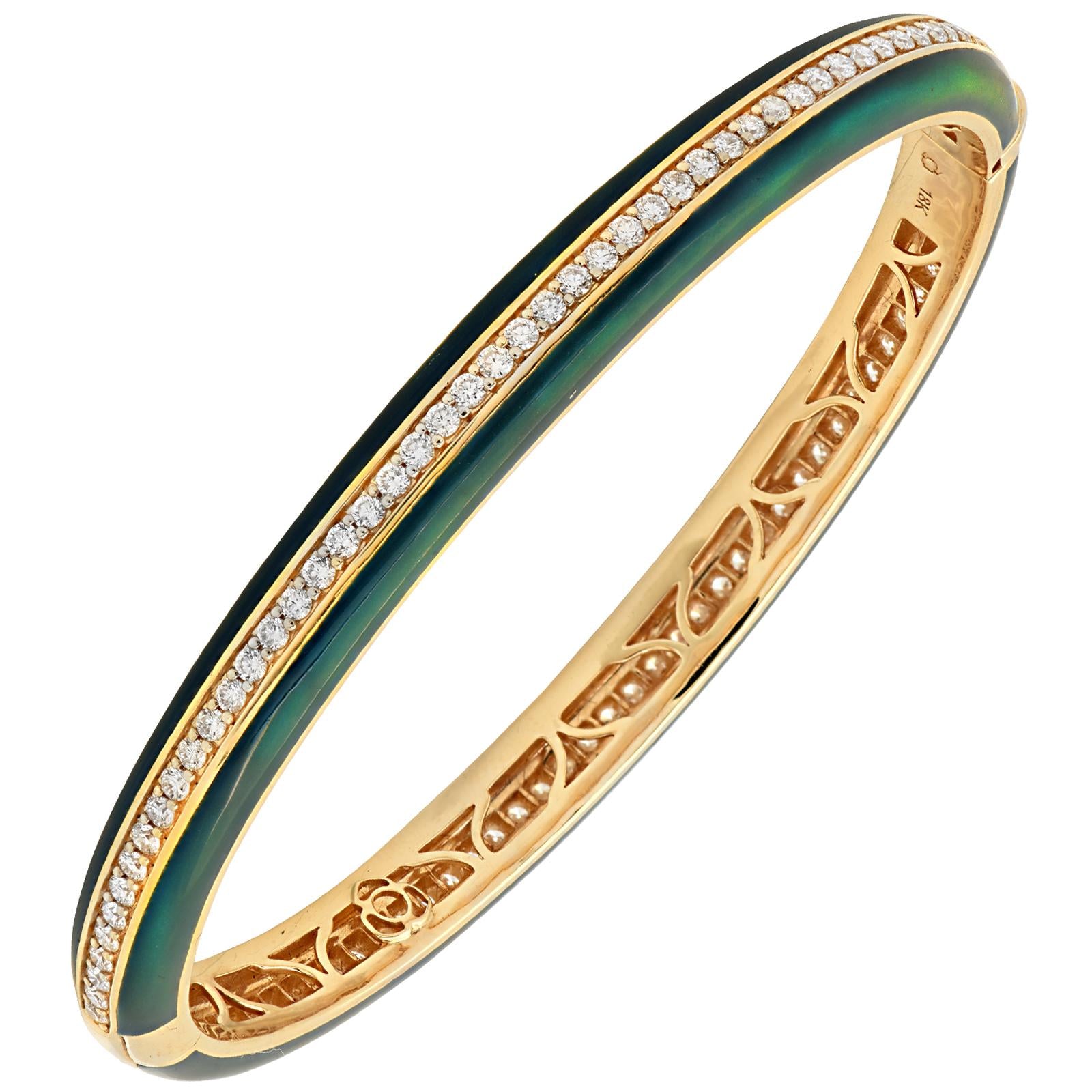 Diamond & Green Ceramic Stackable Hinged 18K Yellow Gold Bangle Bracelet New