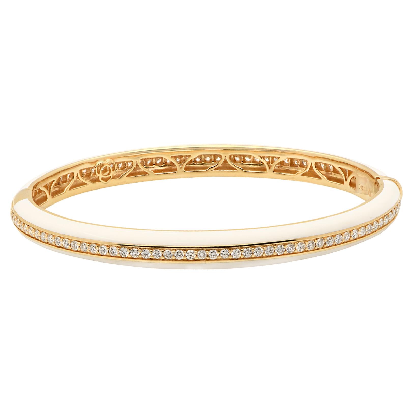 Diamond and White Ceramic Stackable 18K Yellow Gold Hinged Bangle Bracelet New