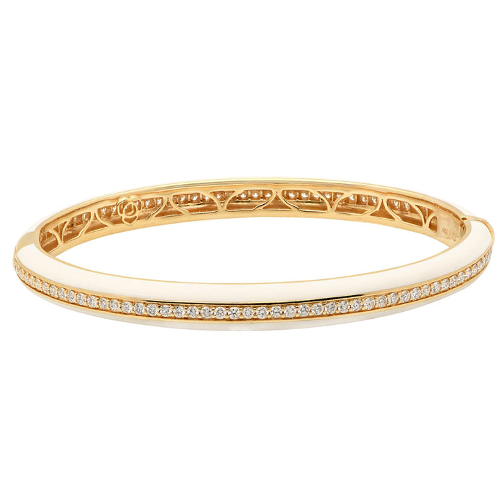 Diamond and White Ceramic Stackable 18K Yellow Gold Hinged Bangle Bracelet New