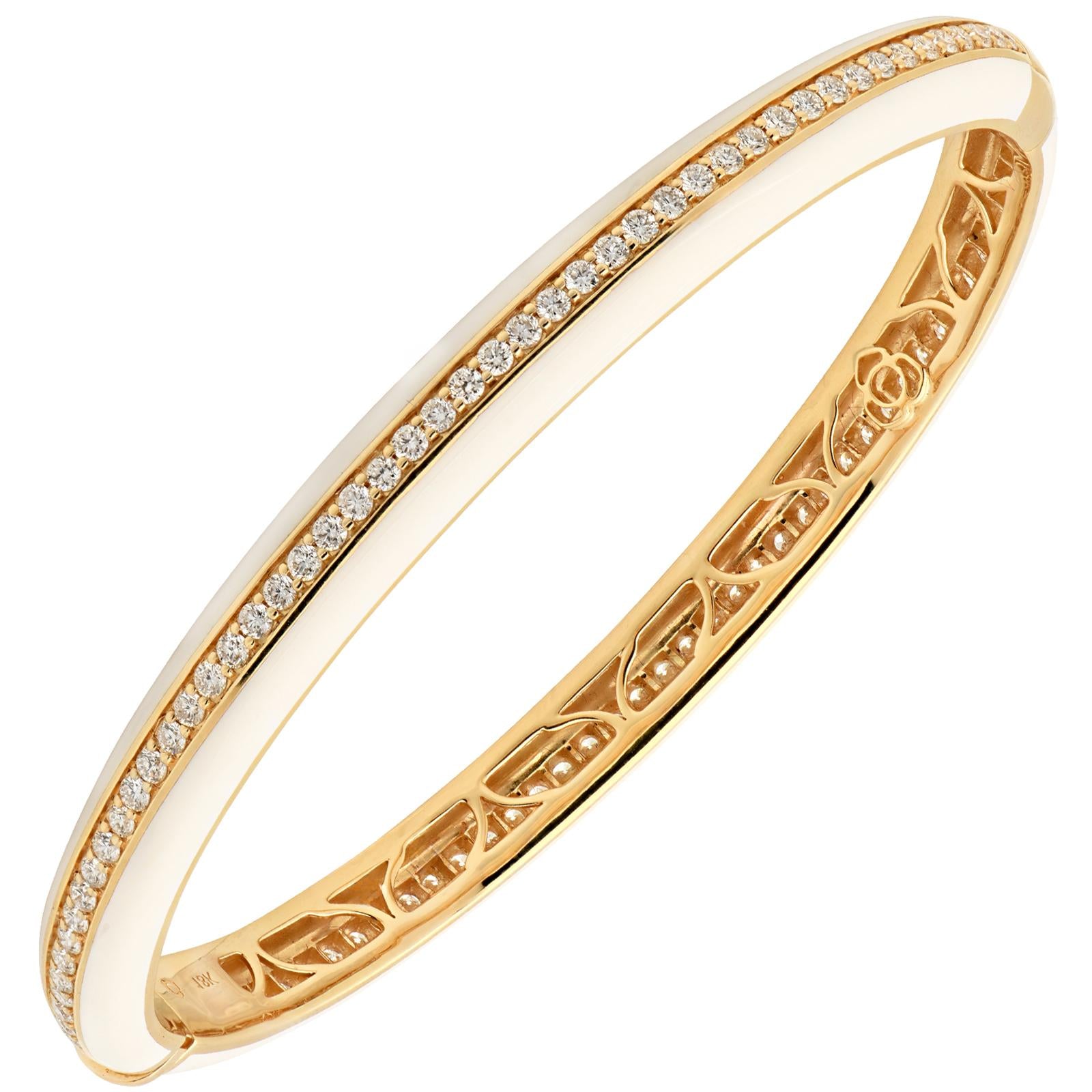 Diamond and White Ceramic Stackable 18K Yellow Gold Hinged Bangle Bracelet New