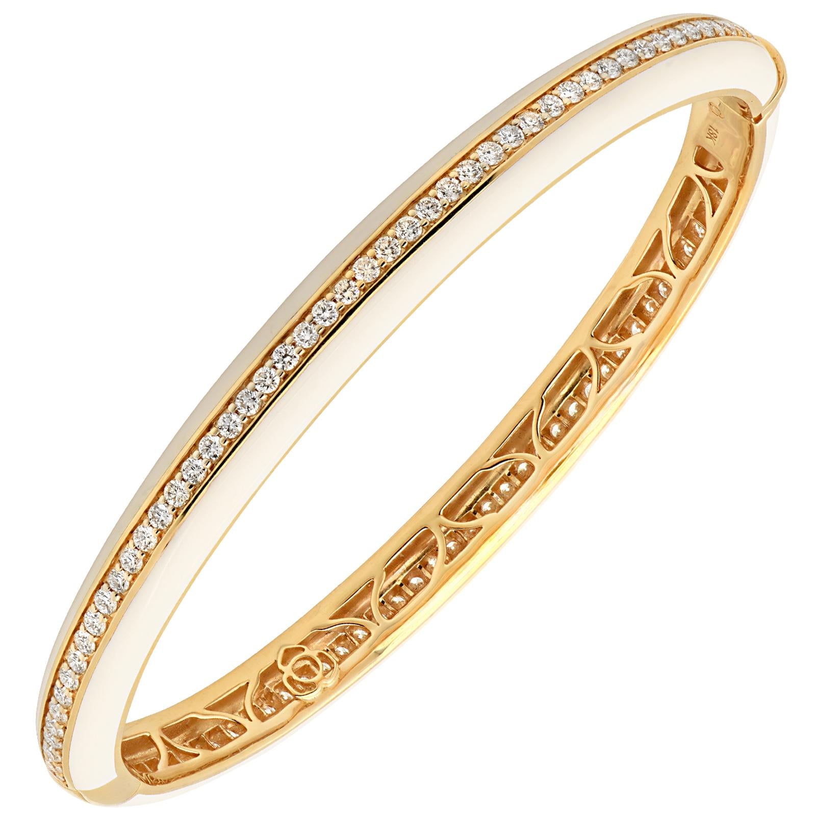 Diamond and White Ceramic Stackable 18K Yellow Gold Hinged Bangle Bracelet New