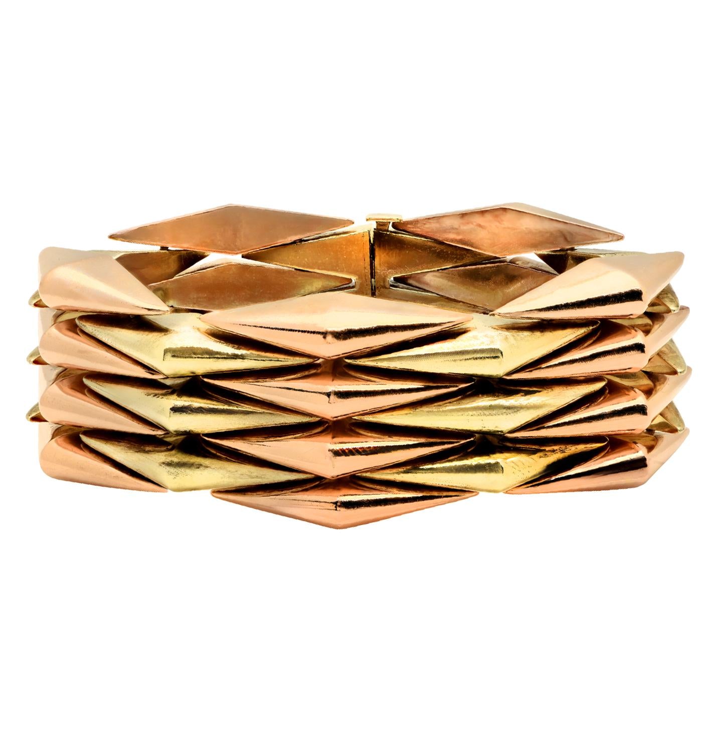 1950's Retro 14 Karat Yellow & Rose Gold Wide Link Estate Bracelet