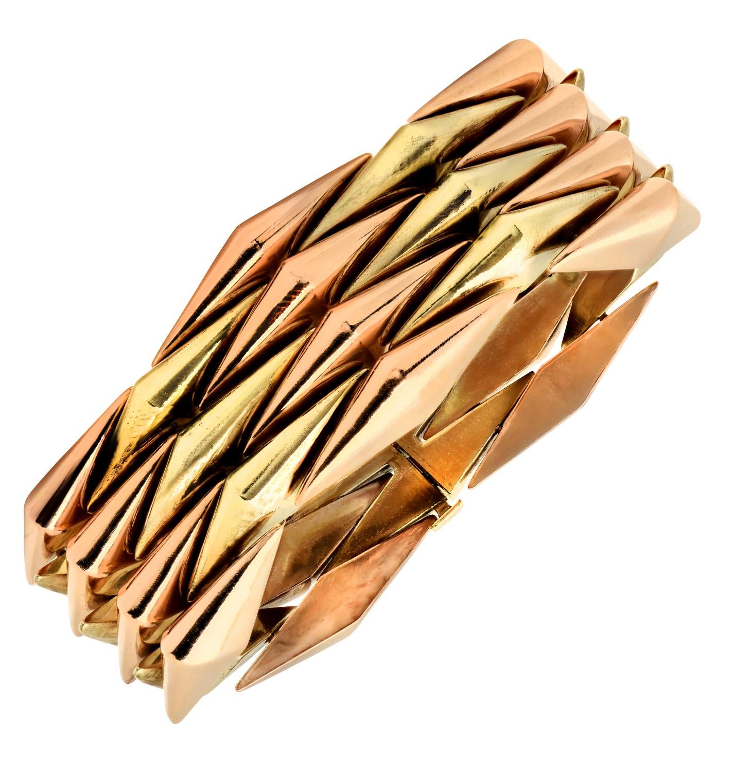1950's Retro 14 Karat Yellow & Rose Gold Wide Link Estate Bracelet