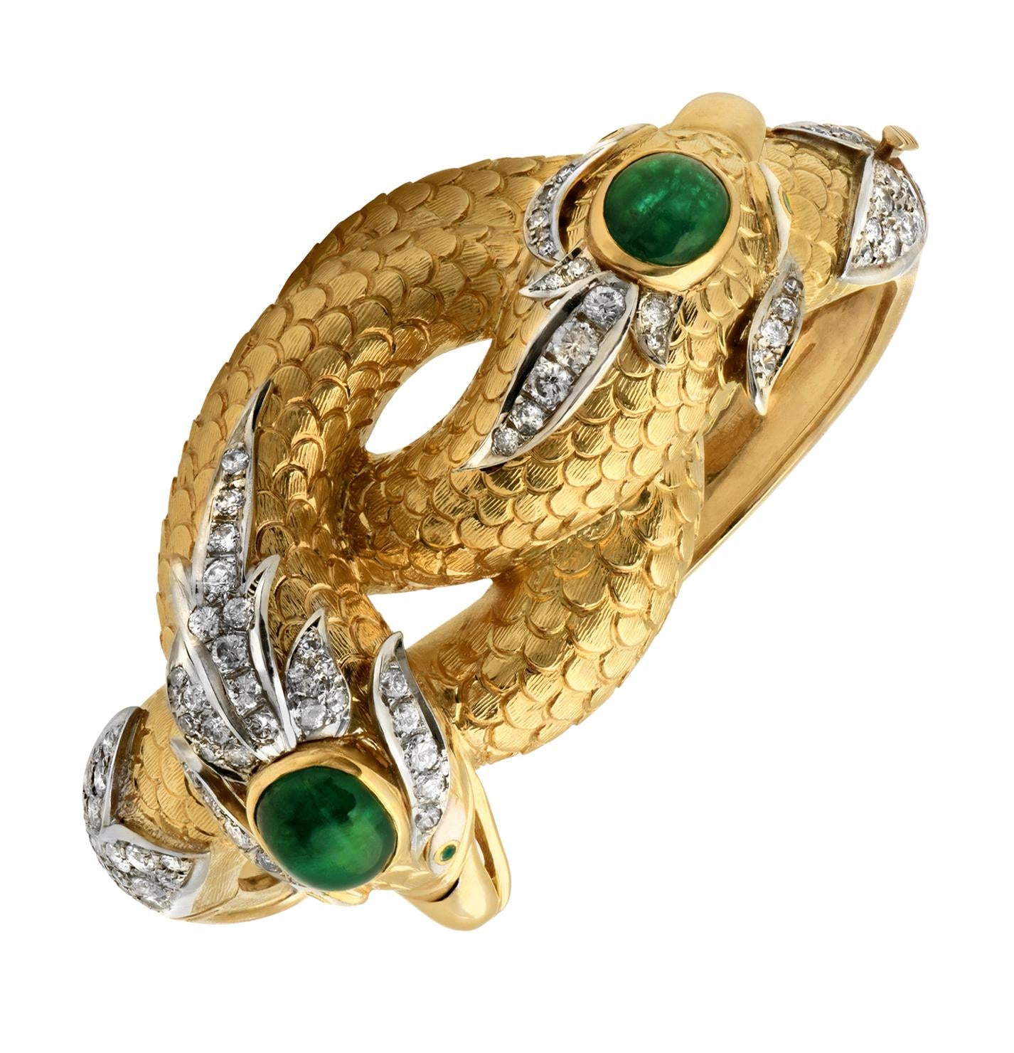 Mid-20th Century Double Snake Head Diamond Emerald Hinged Bangle Bracelet