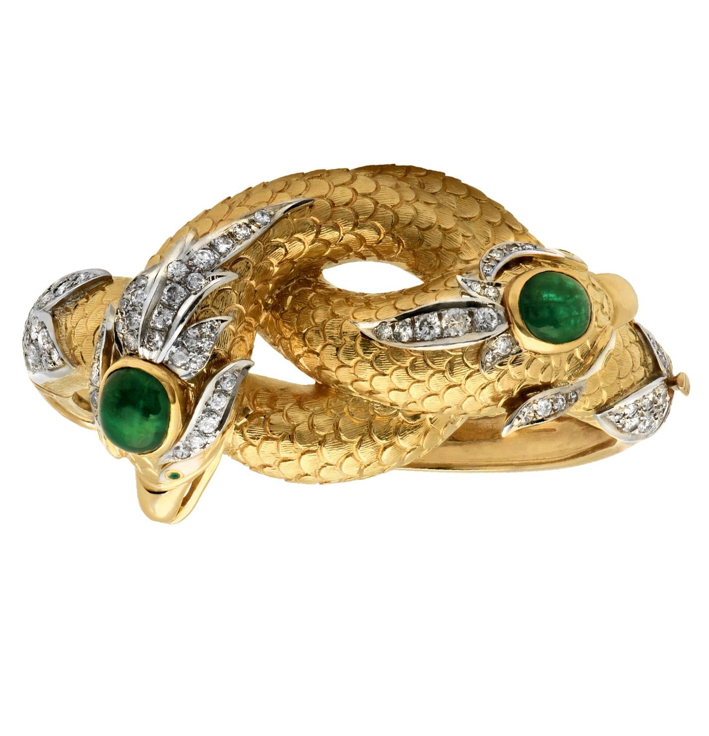 Mid-20th Century Double Snake Head Diamond Emerald Hinged Bangle Bracelet