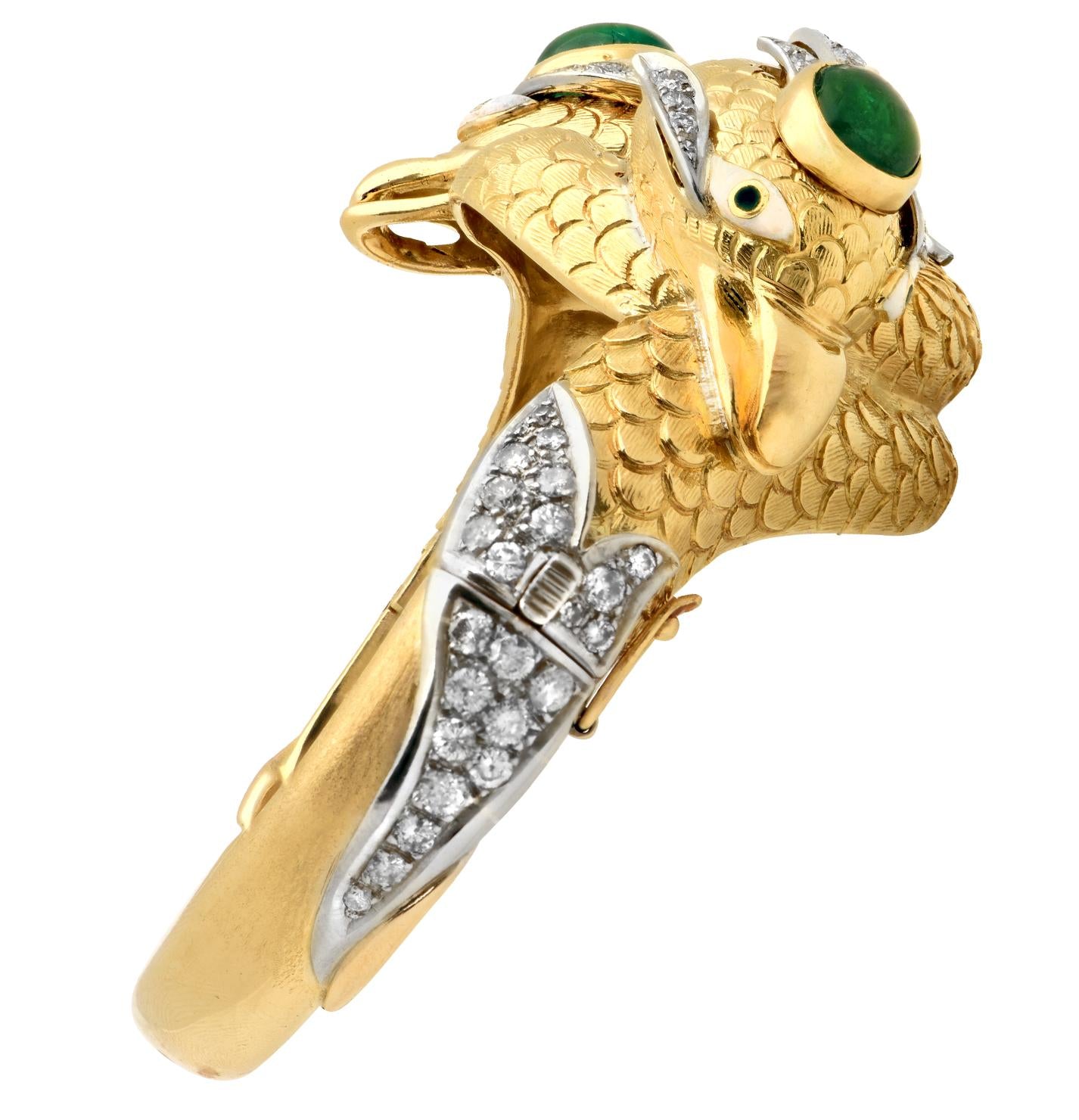 Mid-20th Century Double Snake Head Diamond Emerald Hinged Bangle Bracelet