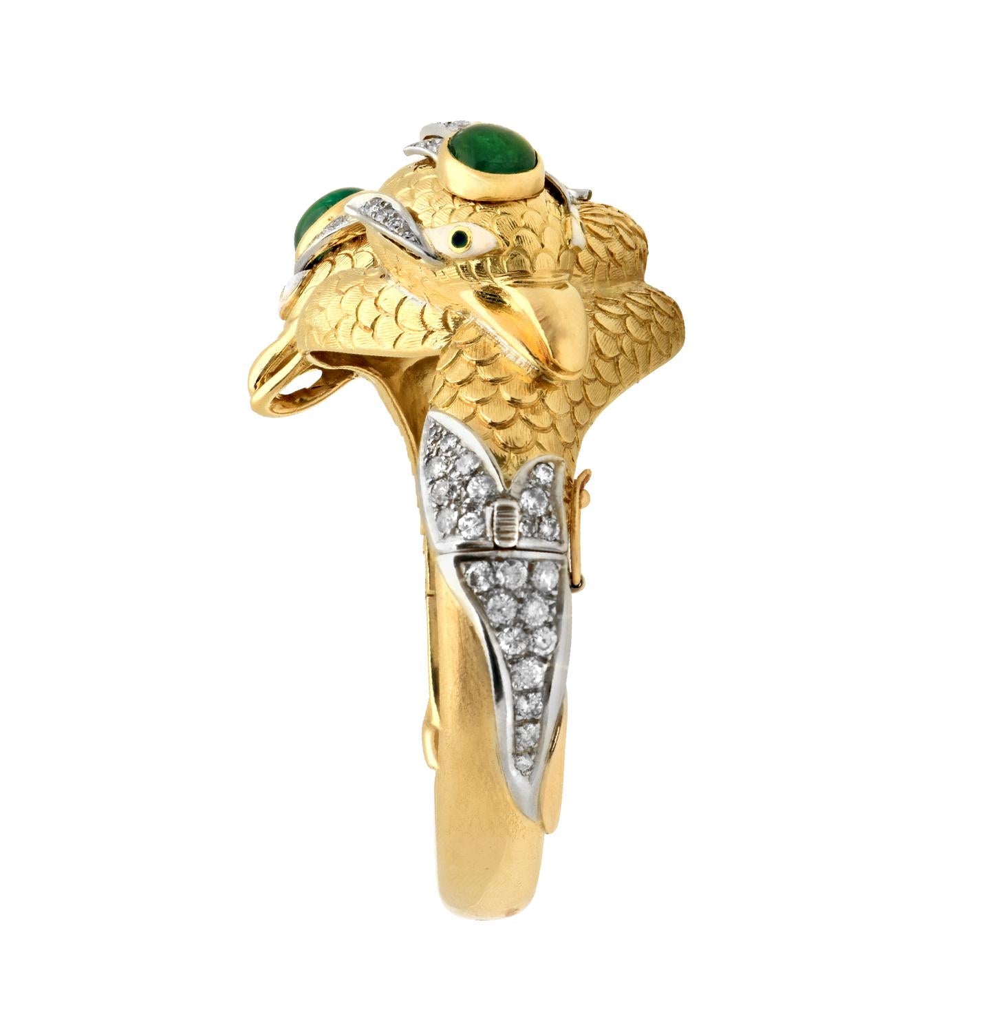Mid-20th Century Double Snake Head Diamond Emerald Hinged Bangle Bracelet