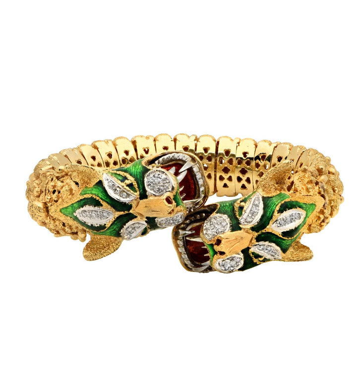 Mid-20th Century Double Head Dragon Diamond Enamel 18K Flexible Bangle Bracelet