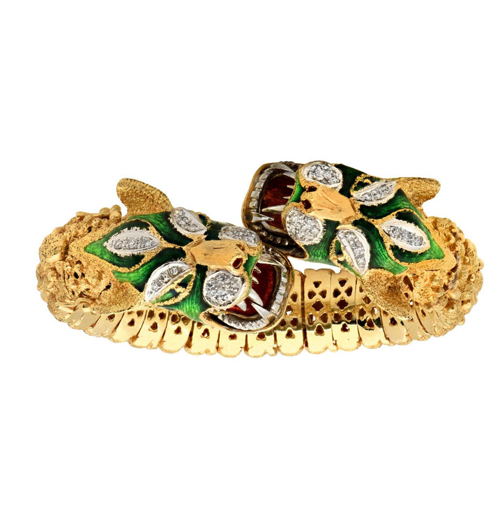 Mid-20th Century Double Head Dragon Diamond Enamel 18K Flexible Bangle Bracelet