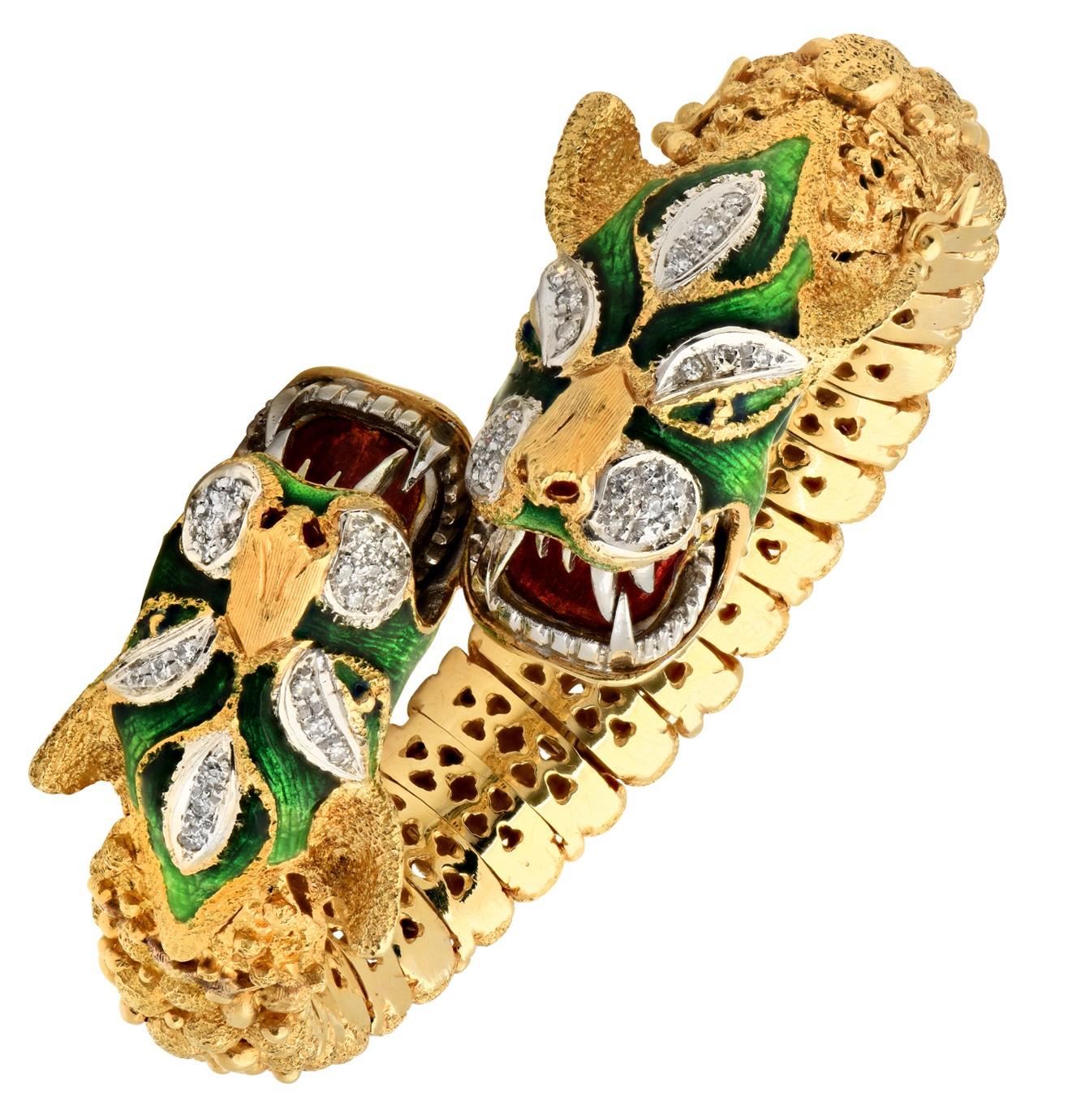 Mid-20th Century Double Head Dragon Diamond Enamel 18K Flexible Bangle Bracelet