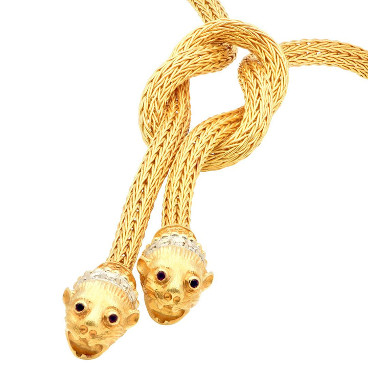 Greek Woven 18 Karat Yellow Gold Lions Head Design Drop Necklace