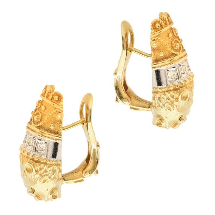 Greek Lions Head Design Diamond 18 Karat Yellow Gold Leverback Vintage Earrings