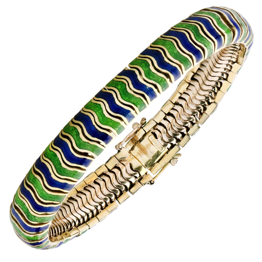 Tiffany & Company Blue Green Enamel 18 Karat Yellow Gold Vintage Bracelet