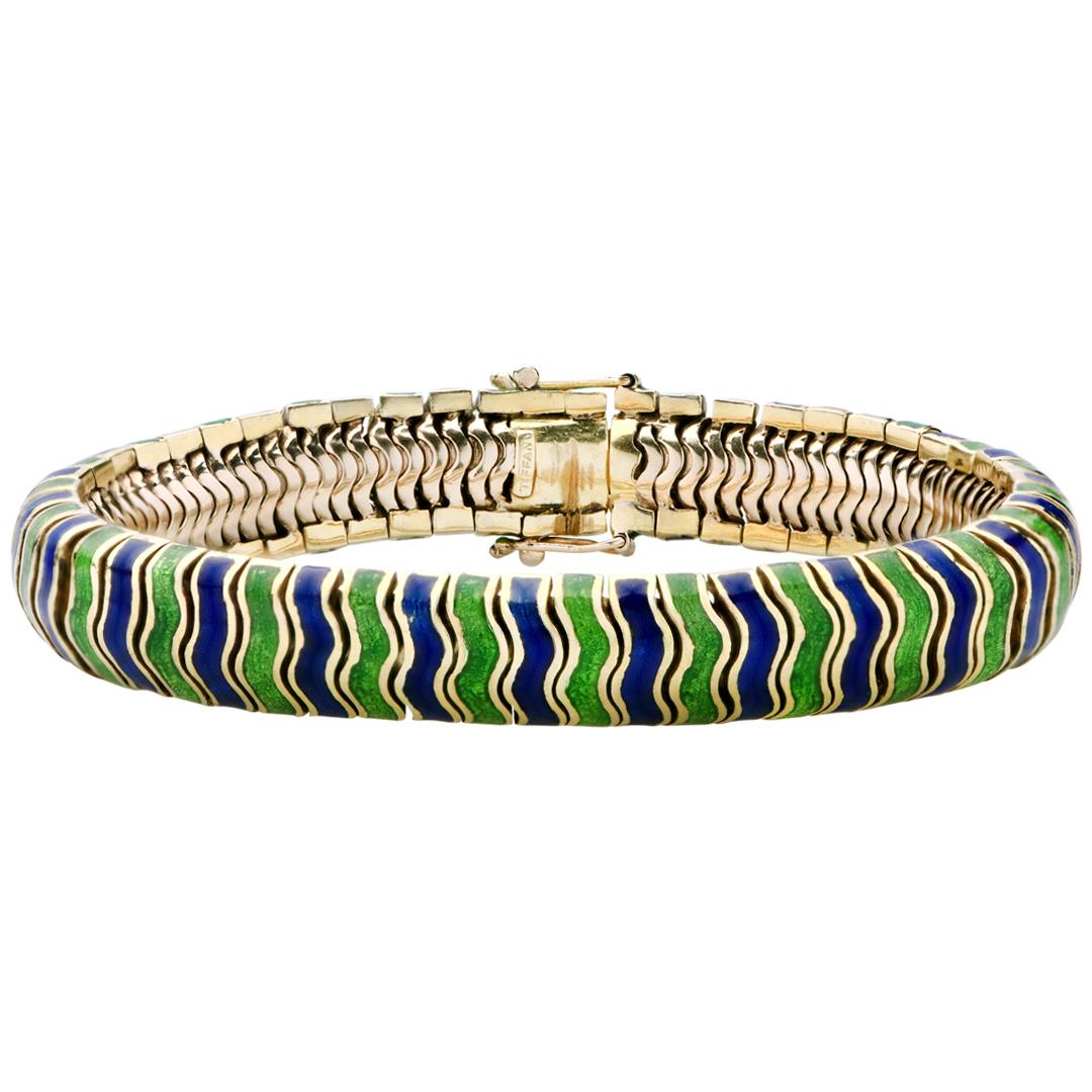 Tiffany & Company Blue Green Enamel 18 Karat Yellow Gold Vintage Bracelet
