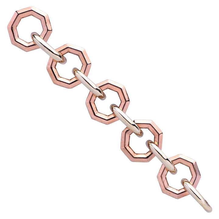 Retro Yellow & Rose Gold Octagonal Link Vintage Bracelet 7.5 Inches