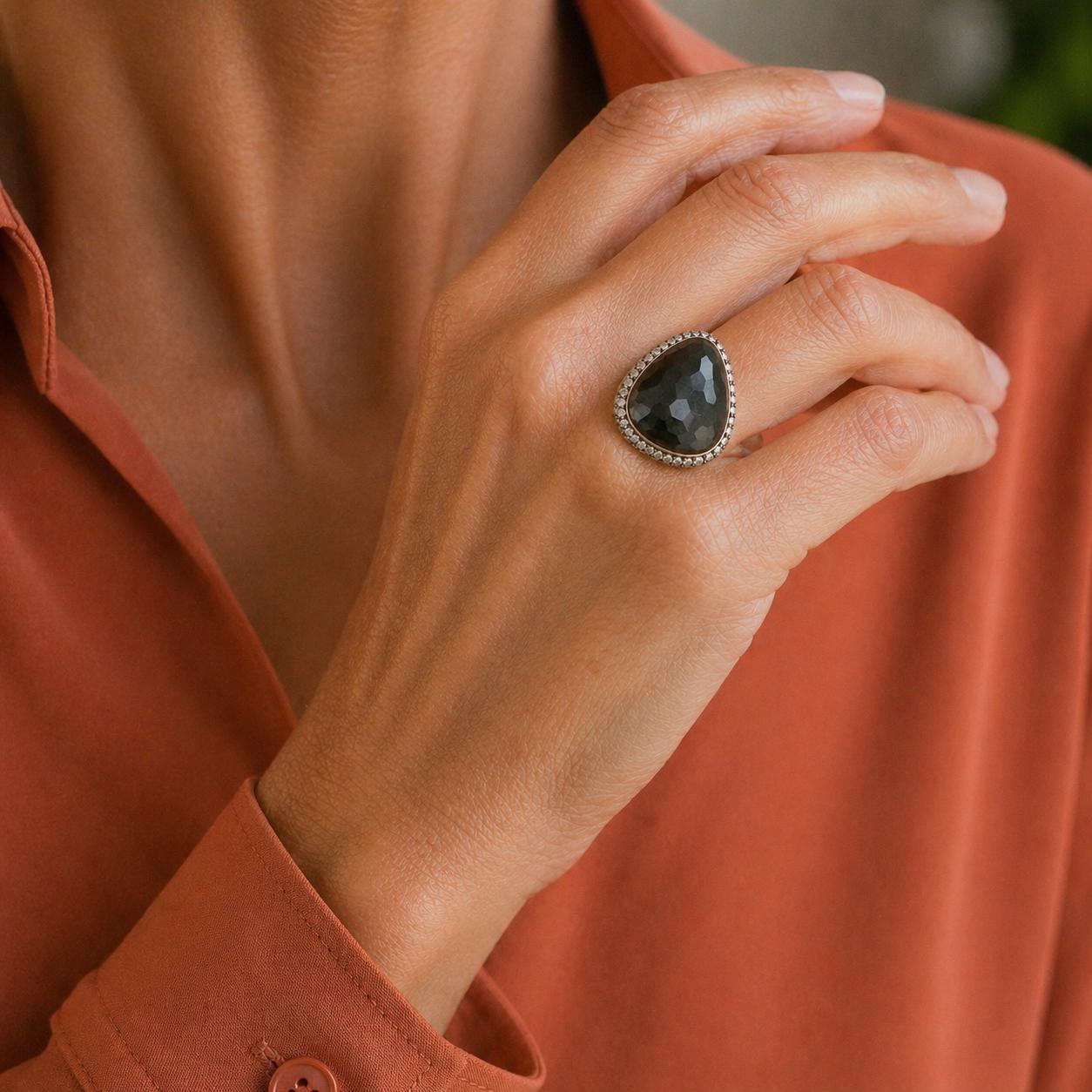 Mark Lash Hematite Diamond 18 Karat Rose Gold Cocktail Statement Ring