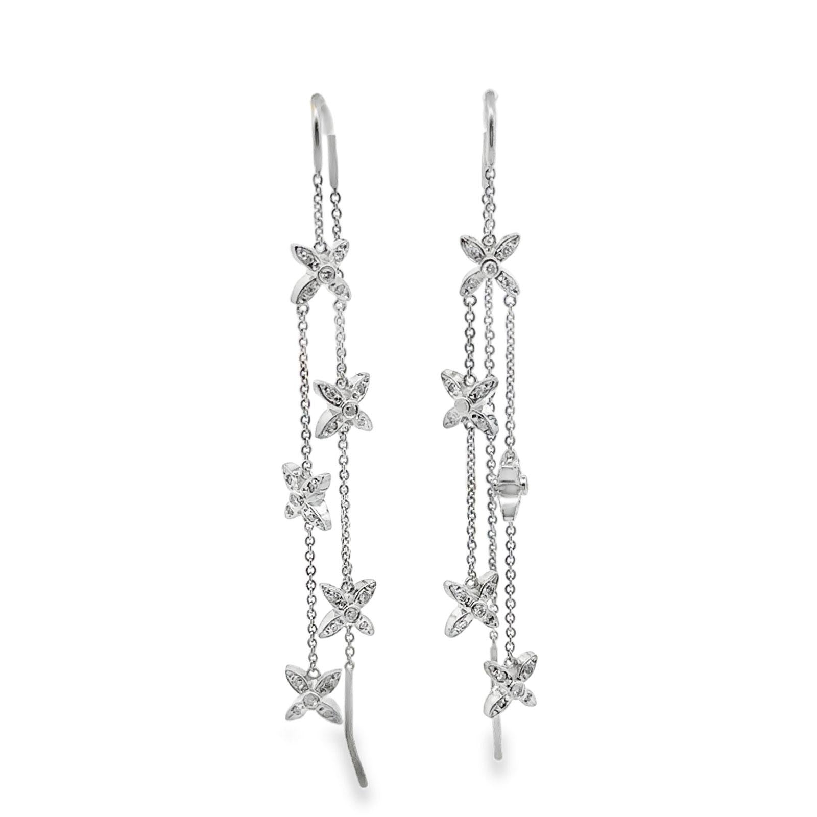 Diamond 14 Karat White Gold Threader Star Drop Dangle Modern Earrings