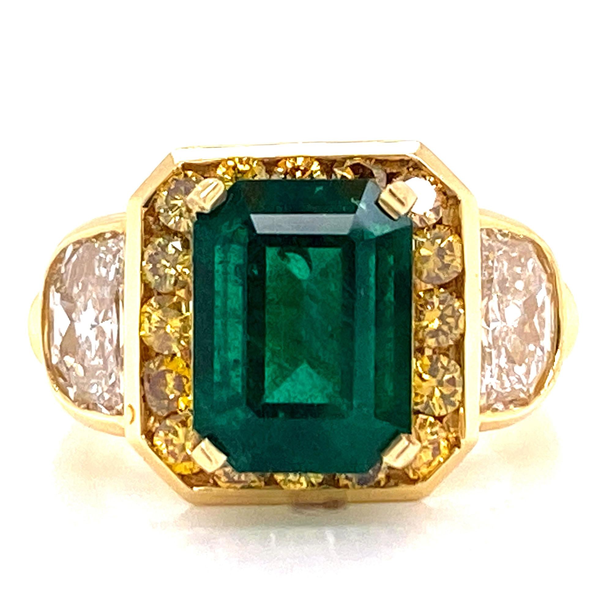 3.07 Carat Emerald Yellow Diamond 18 Karat Yellow Gold Cocktail Ring AGL Cert