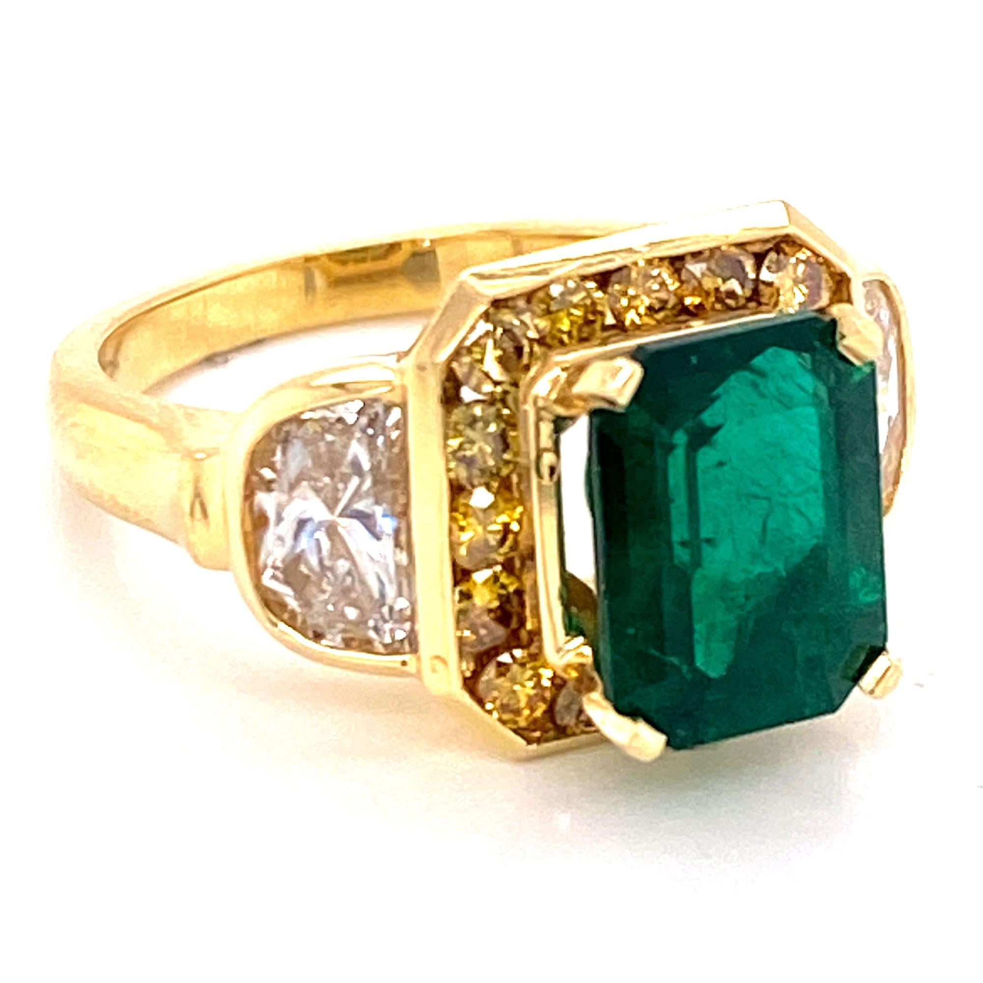 3.07 Carat Emerald Yellow Diamond 18 Karat Yellow Gold Cocktail Ring AGL Cert