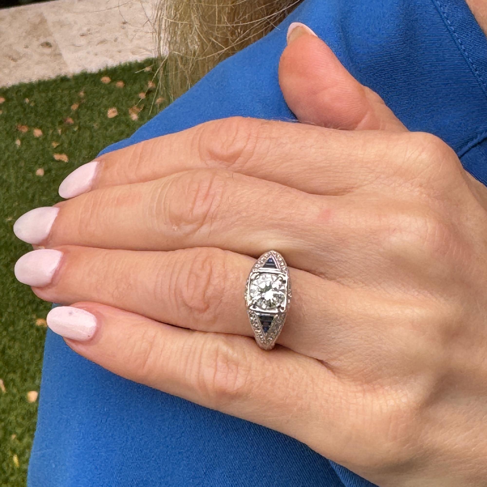 Art Deco Style Diamond Sapphire Platinum Engagement Ring