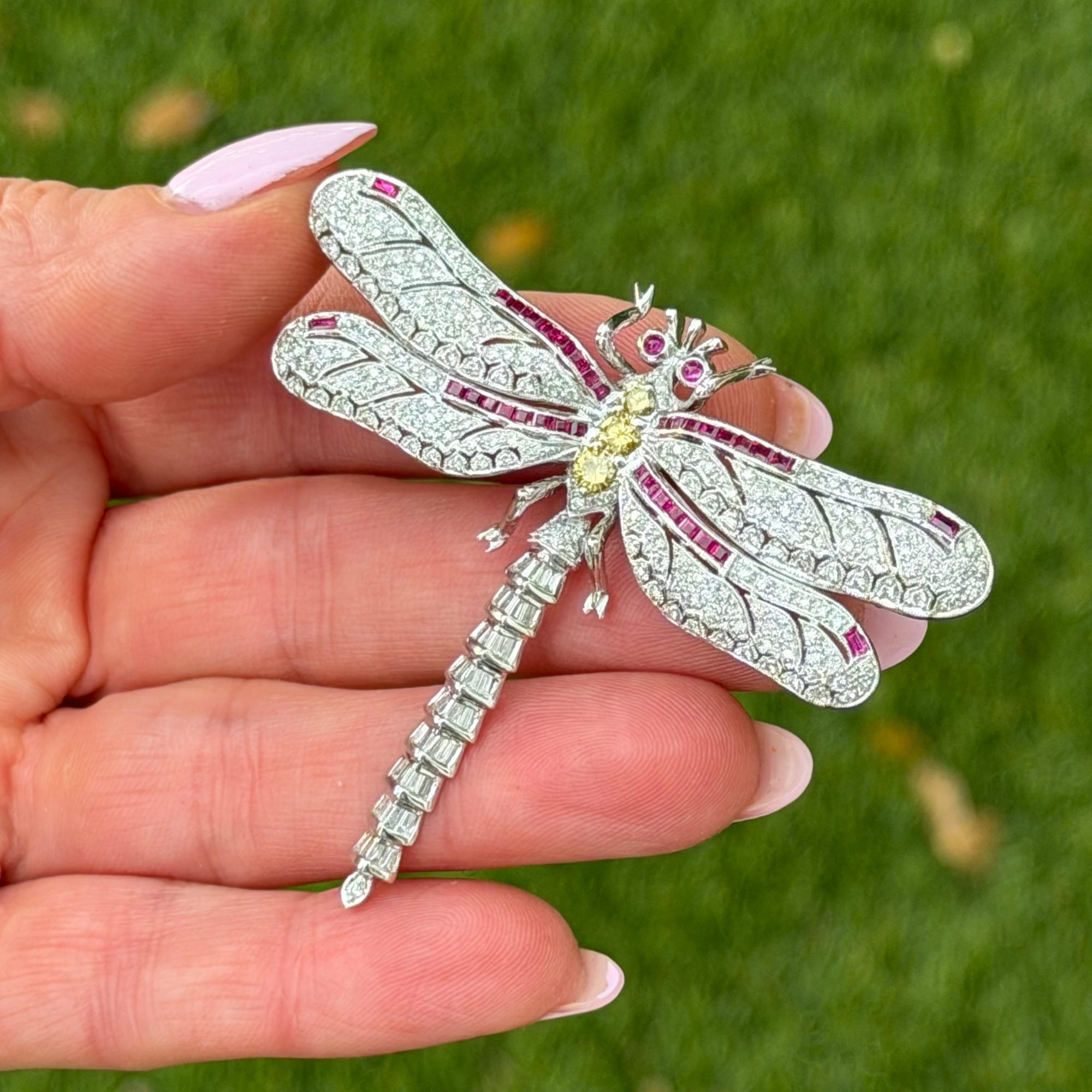 Diamond Ruby 18 Karat White Gold Large Dragonfly Brooch