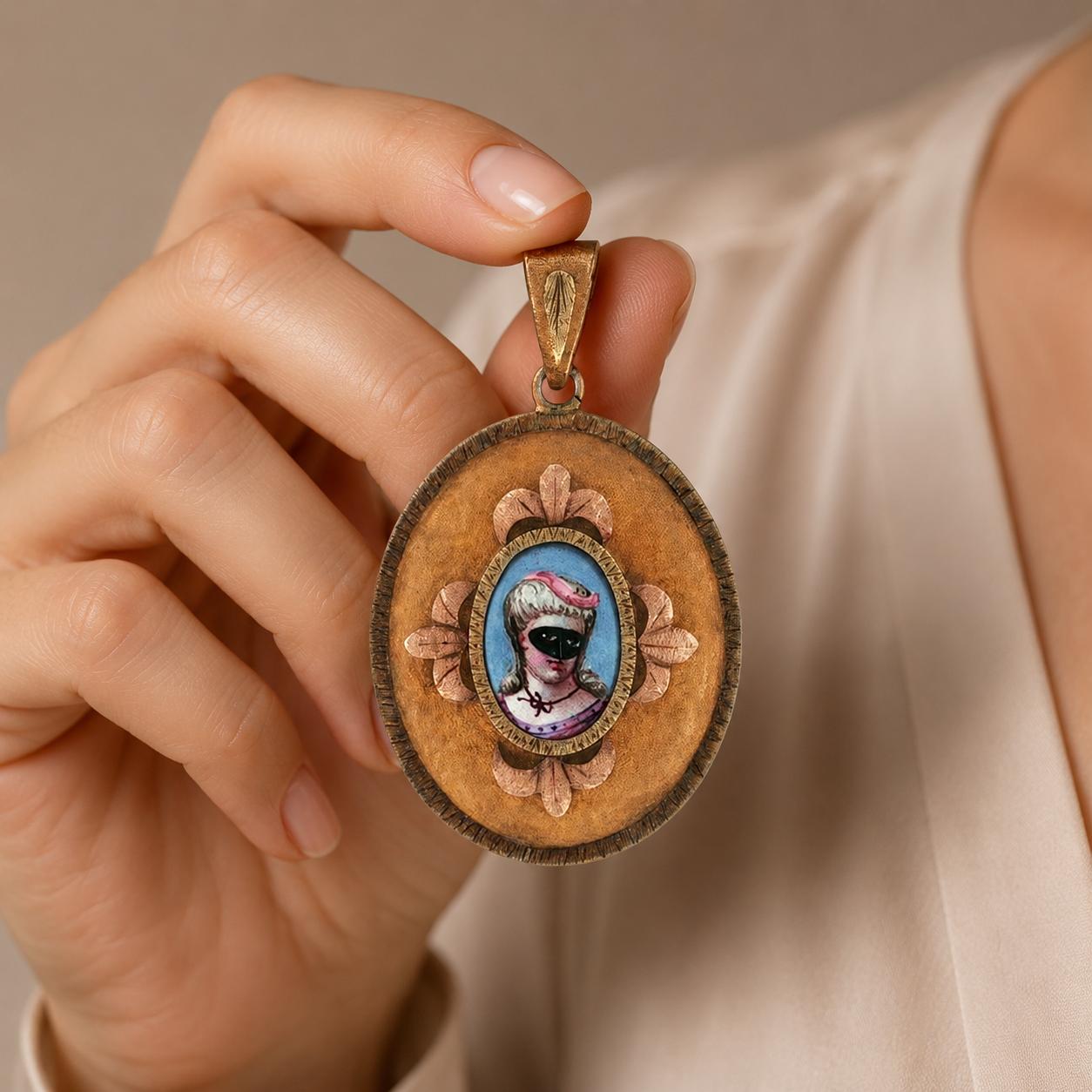 Victorian Enamel 14 Karat Yellow Gold Portrait Locket Pendant