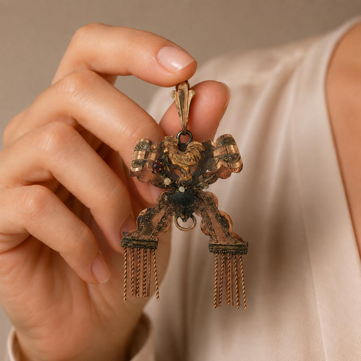Victorian 14 Karat Yellow & Rose Gold Pendant Bow Motif with Tassels