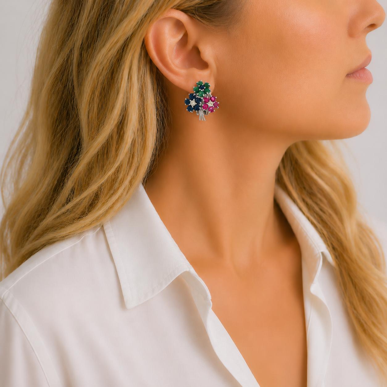 Ruby Emerald Sapphire & Diamond Flower Earclip Earrings